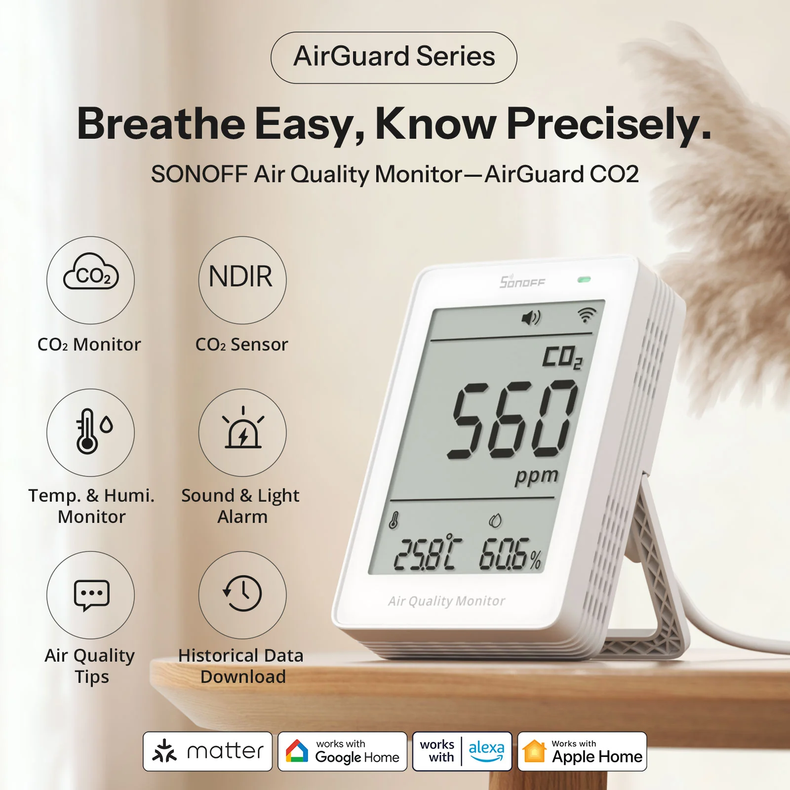 SONOFF AirGuard CO2 Matter Over Wi-Fi Air Quality Monitor | SAWF-08P